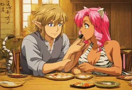 Pink_DragonPink, 1girl, sleeveless dress, white tiger print dress, pelvic curtain, cleavage, white tiger tail, red sash, small breasts, leather shoes, masterpiece, very aesthetic, cute expression <lora:pink-illustrious:1>, japanese restaurant, counter, showcase, omakase, sushi plate
Break
(anime, anime coloring:1.3),1boy,Anime screencap,link (zelda),blonde hair,blue eyes,pointy ears, wearing blue hyilian tunic, holding chopsticks, Link feeding dragonpink sushi, indoor, chair, window, japanese restaurant, counter, showcase, omakase, sushi plate, wooden plate,
Dragonpink and Link happily enjoy a meal, indoors, chair, window, japanese restaurant, link and dragonpink feed each other sushi, link and dragonpink holding hands, link and dragonpink kissing, counter, showcase, omakase, sushi plate, wooden plate, both dragonpink and link upper bodies in frame, smiling at each other