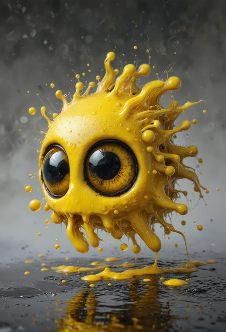 In a cool grey-toned background, a splash of bright golden yellow paint with large shiny cartoony black eyes, surrounded by lighter yellow embers, its body and tendrils have a glossy dripping quality with tiny bubbles and dynamic splashes that give a sense of movement, frozen mid-splash, <lora:xl_more_art-full_v1:0.4>, <lora:add-detail-xl:1>, <lora:MJ52:0.4>