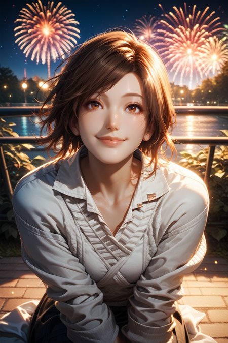 score_9, score_8_up, score_7_up, 
<lora:T8Asuka:1.0>
T8Asuka, solo, 1girl, brown hair, brown eyes, looking at viewer, sitting, at night, fireworks, park, looking up, smile
