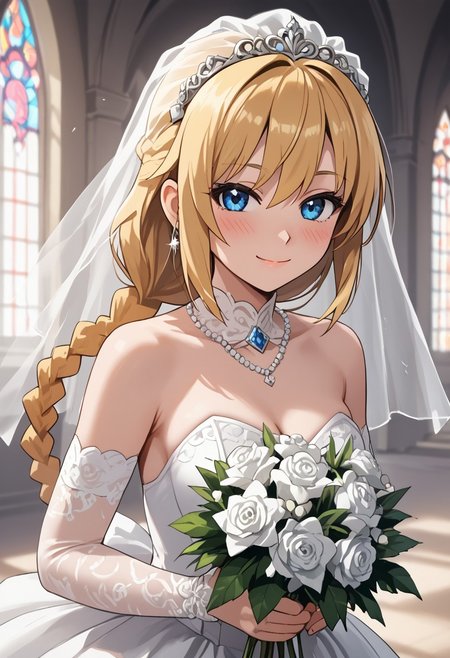 score_4,score_5,score_6,score_7_up,score_8_up,score_9 ((masterpiece,best quality,ultra detailed,highres,HD,4k:1.2)), 
blonde hair,long hair,braided ponytail,spiked hair,single braids,blue eyes,
((wedding dress, wedding veil:1.1)),bouquet, wedding ceremony, church,
looking at viewer,happy,light smile,blush,closed mouth,