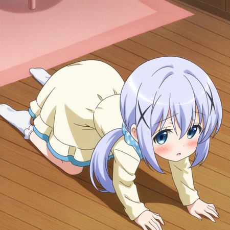 nsfw, masterpiece, best quality, amazing quality, 1girl, solo, is_the_order_a_rabbit_chino_kafu, all fours, blue eyes, hair ornament, long hair, wooden floor, socks, yellow dress, dress, x hair ornament, blush, blue hair, white socks, long sleeves, no shoes, on floor, bangs, hair between eyes, ponytail, indoors, open mouth, sidelocks, looking at viewer, <lora:Chino_Kafu_-_Is_the_Order_a_Rabbit:0.7>