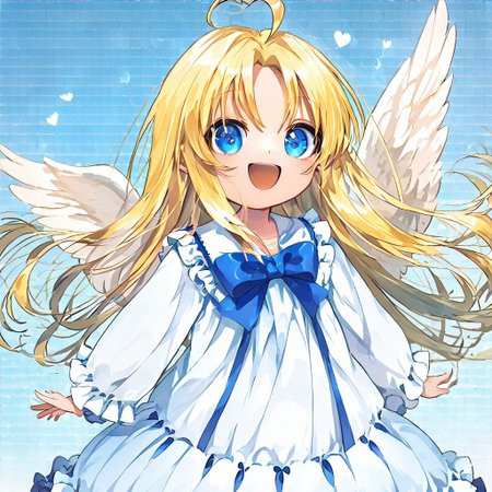 score_9, score_8_up, score_8, score_7_up, 
1girl, solo, AEFilo, blue eyes, blonde hair, ahoge, long hair, white wings, blue bowtie, white dress, frilled dress, frilled sleeves, long sleeves, barefoot, polka dots background, smile, open mouth, close shot, cute girl, looking at viewer,
cute, kawaii, hearts,