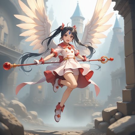 20yo, score_9,score_8_up,score_7_up,score_6_up, shiny oild skin, 
Skuld, open mouth, gloves, twintails, jewelry, full body, :d, earrings, white gloves, magical girl, staff,  castle night jumping dynamic poses On the roof upper body, gigantic angel wings, 
 <lora:Skuld:0.85> <lora:zy_Detailed_Backgrounds_v1:2>