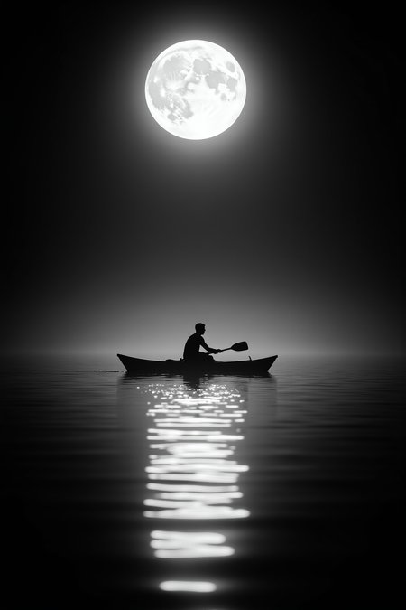 aidmaMJ6.1,

This is a high-contrast black-and-white photograph featuring a solitary rower in a small boat, centered on a calm body of water. The subject, a person in silhouette, is positioned in the middle of the frame, adhering to the rule of thirds, with the boat slightly off-center to the right. The individual is using a single oar, creating a sense of balance and stillness. 

Dominating the background is a large, full moon, glowing brightly against the dark night sky, casting an ethereal light across the water. The moonlight reflects off the water’s surface, creating a serene and reflective ambiance. The image uses natural lighting from the moon, which is the primary light source, and the water acts as a mirror, enhancing the tranquil atmosphere.

The photograph employs a shallow depth of field, keeping the background (moon and sky) in focus, while the foreground (the rower and boat) remains sharp. The composition utilizes symmetry, with the rower and boat forming a vertical line that draws the viewer’s eye upward toward the moon. The texture of the water is smooth, with gentle ripples, and the overall mood is peaceful and contemplative.