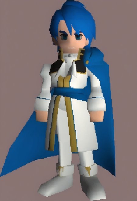 masterpiece, best quality, solo, 1boy, looking at viewer,  <lora:FF7-Chibi-illus_Fp:1>, full body, simple background, 3d, chibi, <lora:Sigurd-illus_Fp:1>, sigurdfe4, blue eyes, blue hair, short hair, white coat, white pants, ascot, collar, armor, blue cape, long sleeves, white footwear,