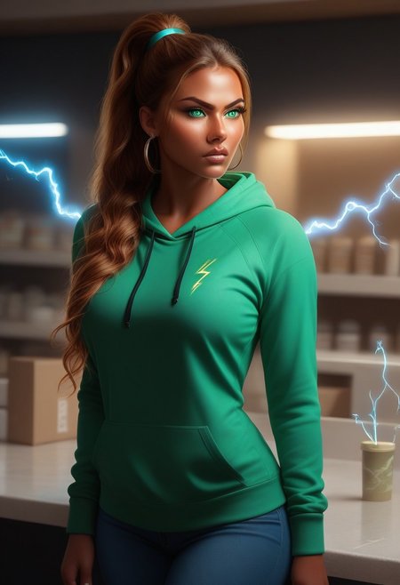 ((score_9, score_8_up)) ((cowboy shot)) One twenty year old Native American woman with flowing caramel hair and green eyes. (she has dark red skin.) (She is standing in a store) She is angry (super dark skin), she is wearing a green hoodie and jeans (((hair down, straight hair, blue electricity, shooting electricity))) Expressiveh, d3t41l3d, digital art, glossy skin, detailed face, shimmering light, neural network, reflection, masterpiece, 32k UHD resolution, high quality, professional photography, ray tracing