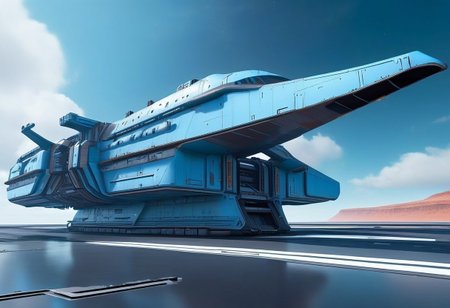 sci-fi, Futuristic, aJed-Rst, spaceport:1.3, tarmac, (Rusty spaceport buildings):1.3, (((beautiful, hyper realistic, high quality, highly detailed))), sleek blue neotech spacecraft (freighter),