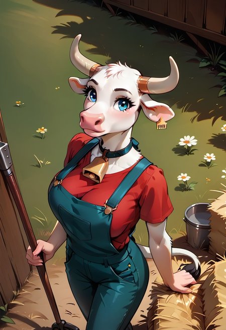 score_9, score_8_up, score_7_up, highres, high quality, perfection,
BREAK 
1girl, (solo: 2.0), girl alone, from above,
BREAK 
furry female, cow girl, (anthro cow girl: 1.2), beautiful girl, cute girl, adult, 20 years old, detailed fur, white fur, detailed body, shapely girl, (slim body: 1.2), petite body, (bald_girl: 1.2), (baldness: 2.0), white horns, detailed face, beautiful face, eyelashes, (blue eyes: 1.2), perfect eyes, detailed eyes, large breasts, detailed hands,
red shirt, short sleeves, overalls, cowbell,
standing, holding pitchfork, looking ahead,
BREAK
outdoors, early morning, farm, field, hay bale,