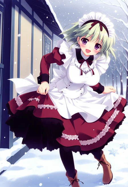 (best quality , masterpiece, good quality), very aesthetic, absurdres, general, sfw, 1girl, solo, msange, purple eyes, short hair, green hair, maid, long sleeves, long dress, large breasts, black pantyhose, boots, brown footwear, smile, blush, open mouth, curtsey, bowing, watson cross, skirt hold, arms at sides, outdoors, snowing, snow, snowflakes, depth of field, <lora:ms-angelina_ilxl:1>,