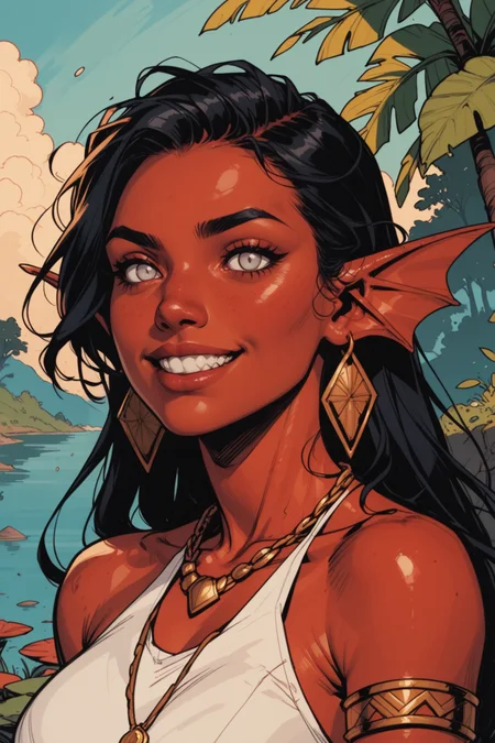 1girl, solo, jewelry, black hair, smile, long hair, necklace, earrings, fins, armlet, colored skin, grin, upper body, looking at viewer, white eyes, head fins, collarbone, bare shoulders, teeth, no pupils, pointy ears, artist name, hair over shoulder, dark skin, breasts, blurry background, outdoors, blank eyes, red skin, dark-skinned female, sleeveless, blurry, lips, monster girl, <lora:Expressive_H:0.5>, score_9, score_8_up, score_8_up, a_Comic_Illustration, rough lines with ink, (drawn:1.1), (sketch:1.5), (crosshatching:1.25), (comic style:1.1), graphic novel style, sharp lines, hires, zstyle, (western comics \(style\):1.1), (hatching \(texture\):1.2), zPDXL, Mr_Monster_Possitive