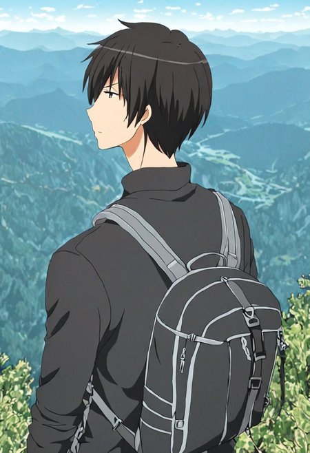 high resolution, solo, best quality, 1Boy, Kanie Seiya, Black Hair, landscape, upper body, look at the view behind, upper body, high mountain, hiking gear, OverallDetail