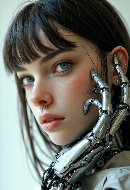 Recypu style, Cyberpunk highly detailed, high-resolution photograph.

A close-up of a young woman's face and robotic hand. The subject has fair skin, blue eyes, and dark brown, shoulder-length hair with bangs that frame her face. Her expression is contemplative, with her lips slightly parted. She has a septum piercing, adding a metallic glint to her nose. The woman's left hand is robotic, made of intricate, metallic components that resemble advanced machinery, with visible wires and gears. The robotic hand is positioned near her face, with the fingers slightly bent and the palm facing forward, creating a dynamic and somewhat eerie contrast with her human features.

The background is a plain, off-white, almost beige, providing a stark contrast to the metallic textures of the robotic hand. The lighting is soft and natural, highlighting the textures of both the skin and the metallic components, giving a sense of realism. The overall style of the artwork is hyper-realistic, with a focus on intricate details and textures, emphasizing the blend of human and machine. The image is a striking combination of science fiction and realism, capturing a moment of introspection and technological integration.
