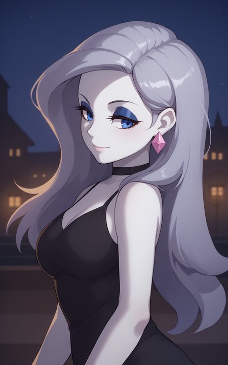 <lora:PlatinumDecree_XL_v1.1E-CAME-06:0.80> PlatinumDecree, score_9_up, score_8_up, score_7_up, score_6_up, outdoors, night, from side, cowboy shot,  1girl, solo, equestria girls, ((colored skin, white skin)), blue eyes, light blue eyeshadow, long hair, grey hair, makeup, eyeliner, pink diamond earring, medium breasts, black dress, looking back, light smile,