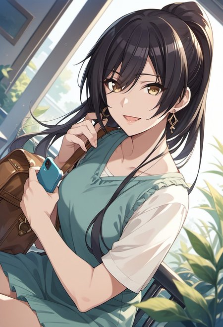 score_9, score_8_up, score_7_up, source_anime, shirase sakuya, black hair, long hair, yellow eyes, 1girl, solo, jewelry, bag, sitting, shirt, earrings, looking at viewer, smile, ponytail, phone, dutch angle, open mouth, collarbone
