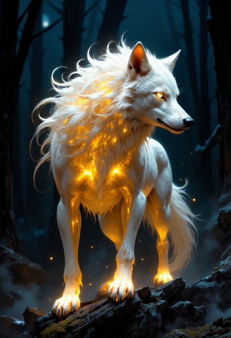 A translucent, gold-glowing fantasy wolf with an ethereal aura, set against a dark, ominous background that evokes a sense of foreboding, its transparent fur glistening with a subtle, luminescent sheen, as if illuminated by an otherworldly moonlight, its eyes piercing with an intense, yellow-orange glow, its body language conveying a sense of power and mystique, surrounded by an atmosphere of mystery and intrigue, with subtle hints of mist or fog swirling around its legs, giving the impression of movement and dynamism, the overall mood and tone dark, yet mesmerizing and alluring.
<lora:artisketchyfs-v02:0.65> <lora:FluxMythP0rtr4itStyle:0.7>  <lora:FluxDFaeTasticDetails:0.5> <lora:Midjourney:0.3>