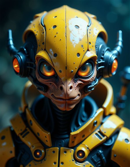 ck-fntstcl, a strange alien hi-tech species with yellow hard shell bodyarmor, direct eye contact, head turned towars camera, (whimsical:0.7), space, battle scarred, biolumicent glowing veins, attack mode, blood thirst,
captured on a (Phase One XF IQ4 150MP), <lora:ck-FantasticalCreatures:1>,  <lora:artilands:0.6>