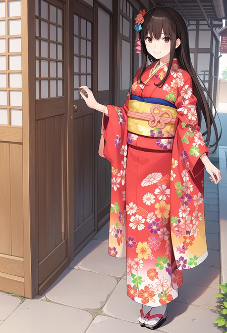 1girl, solo, standing, <lora:KC_04AC_akagi_pony-000038:0.8>akagikc, black hair, brown hair, straight hair, brown eyes, black eyes, bangs, long hair, hair between eyes, sidelocks,     akagiharegikc, print_kimono, red kimono, flower print, sandals, white socks, hair flower, hair ornament,, score_9,score_8_up, score_7_up, source_anime, masterpiece, best quality,  official art, official style, game cg, megami magazine, rating_safe, rating_questionable, <lora:Fixhands_anime_bdsqlsz_V1:0.75>,