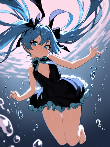 masterpiece, best quality, <lora:style578-a31-000020:1>, 
1girl, solo, dress, long hair, underwater, hatsune miku, twintails, blue eyes, black dress, blue hair, bubble, breasts, air bubble, barefoot, very long hair, parted lips, cleavage, bangs, looking at viewer, sleeveless dress, frilled dress, sleeveless, medium breasts, floating hair, frills, bare arms, bow, ribbon, black bow, bare legs, submerged, hair ribbon, hair between eyes, fish, blue theme, bare shoulders, hair bow, black ribbon