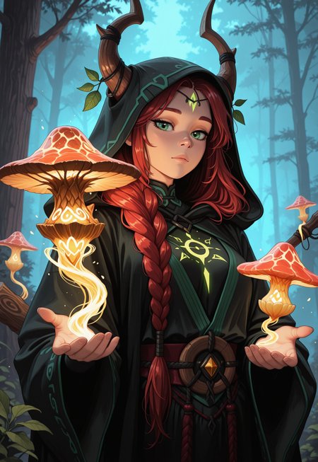 score_9, score_8_up, score_7_up, 1girl, solo, mystical druid, flowing robes with nature-inspired patterns and earthy tones, ancient wooden staff with carved runes and a glowing crystal at the top, long braided auburn hair adorned with flowers and leaves, realistic, cinematic angle, cinematic lighting, graceful body, wise face, deep green eyes, meditative pose
BREAK
standing in a sacred grove surrounded by ancient trees
BREAK
source_fantasy_art, rating_explicit, expressive, full body, elegant pose
BREAK
detailed beautiful background, enchanted forest with towering ancient trees and lush undergrowth, glowing mushrooms and luminescent plants, mystical creatures such as fairies and woodland spirits, distant mountains with waterfalls, serene atmosphere with a sense of harmony and magic
<lora:Expressive_H:0.6>Expressiveh, (SimplepositiveXLv1:1.3), (upper body, full clothed:1.85) ((masterpiece)) (ultra realistic, 32k, masterpiece:1.2), (high detailed skin:1.1), (high quality:1.1) (((full clothed))) <lora:DandonFuga_Style_v.2_-_Pony:0.8> 
<lora:add-detail-xl:1> 
<lora:Dynamic Poses:1>