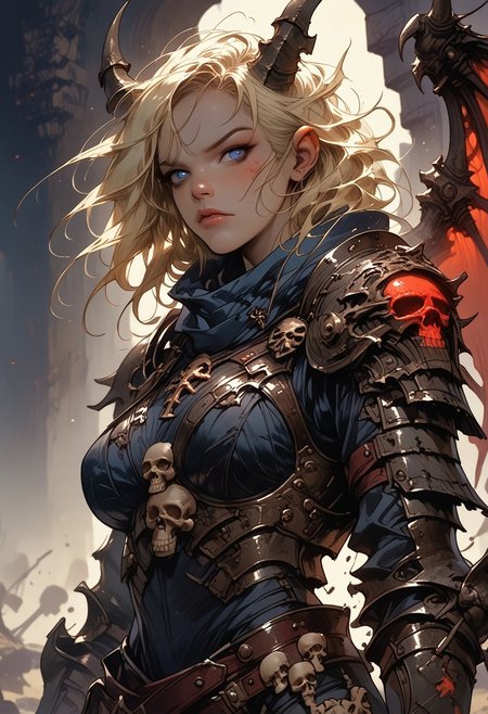 score_9, score_8_up, score_7_up, score_6_up, score_5_up, score_4_up, rating_explicit, source_western,  Ellie Buckingham, ((Bright Blond hair)), Blond Hair, Blond Bright blue eyes. Very large breasts, torpedo breasts, humongous breasts Western Style Artwork. Bold Lines, 
1girl, black goat horns, curled back goat horns, ,bone wings, old armor, rusty armor, dirty armor. ((black)) armor. demonic faces on armor, spikey armor, high detail armor, claws,, red glow from armor, internal glow, low fantasy, dark lighting, gauntlets, dusty skin, ashen skin, bone ridges, boney brow, bone spurs
1 girl, cowboy shot detailed background, battlefield, wasteland, thighs
glare, looking at viewer
arm0rs3nt1n3l
dark theme
sinozick style