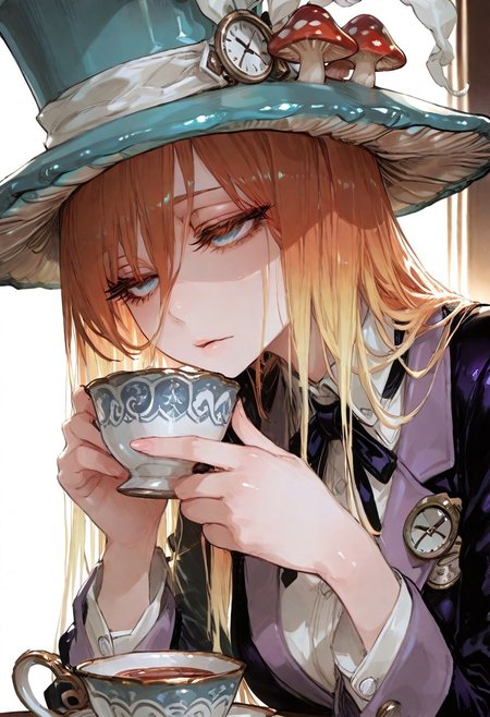 masterpiece, best quality, good quality, newest, highres, absurdres, volumetric lighting,gradient color,
BREAK 
raytracing, volumetric lighting, ambient occlusion, girl, background, masterpiece, best quality, very awa, absurdres, model style, 
BREAK
Mad Hatter, mushroom hat, teacup, suit
BREAK
masterpiece,amazing quality,best quality,ultra-detailed,8K,illustration,CG,shiny hair,clear skin,ultra-detailed-eyes, background,cute girl, eyelashes