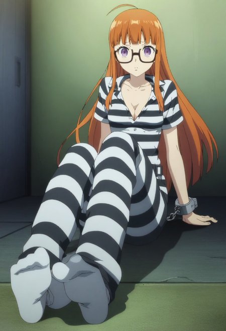 embedding:urn:air:sd1:embedding:civitai:222256@250708, dsfutaba, orange hair, long hair, blunt bangs, ahoge, purple eyes, glasses,  cleavage, glasses, small boobs, very messy hair, bad hair day, Black_White_Striped_Jumpsuit, short sleeve top, full body picture,, soles, sitting, foot focus, white socks, looking at viewer,  handcuffed, white socks, BREAK prison, night, a pair striped loafers on the floor, depth of field, cinematic, game cg, anime screencap, official art, masterpiece, best quality <lora:dsann_a3b:1>,<lora:more_details:0.5>, petite,