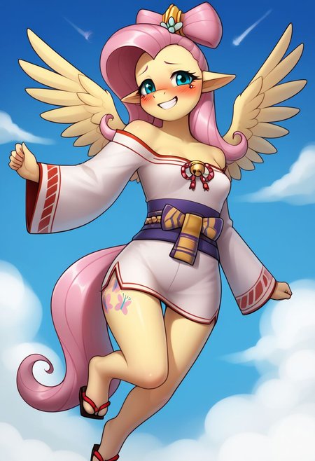 score_9, score_8_up, score_7_up, score_6_up, realistic illustration, dramatic angle, blue sky,
1girl, solo, Fluttershy (mlp), (anthro pony), 18 yo, tail, wings, petite body, shiny skin, small erky breasts, toes,
<lora:zs_AmanazokoXL:1> amanazokosmtv, hair ornament, pointy ears, kimono, wide sleeves, geta, 
dynamic pose, flying, 
shy, blush, blushing, embarrassed, looking at viewer, grin,