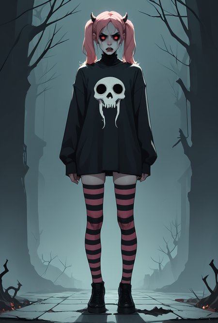 horror-themed core_9, score_8_up, score_7_up,  1girl, pink hair, twintails, striped thighhighs, skindentation, . eerie, unsettling, dark, spooky, suspenseful, grim, highly detailed