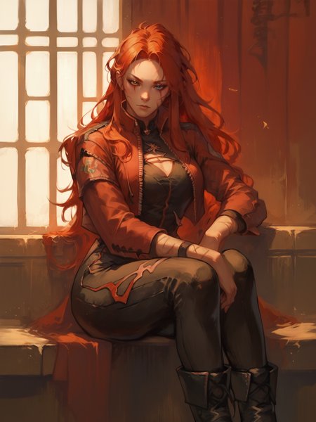 score_9, score_8_up, score_7_up, Gebura, 1woman, solo, red long hair, scars on face, heterochromia, black jumpsuit, shor red jacket, black boots, smooking in window, sitting, Sits on the windowsill, wodeipoi <lora:Gebura:1>  <lora:wodeipoi:1>