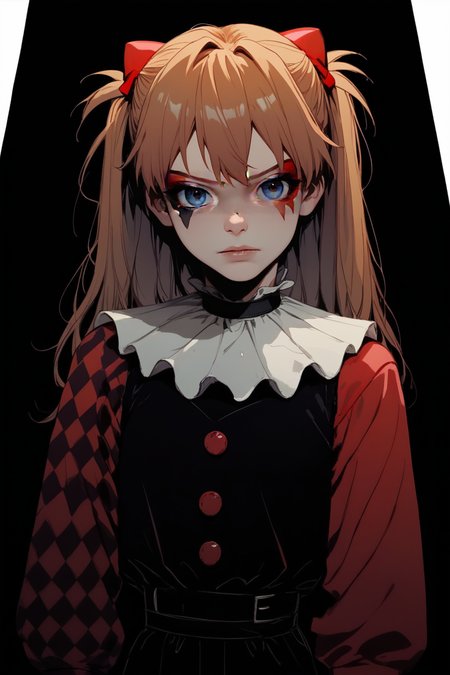 score_9, score_8_up, score_7_up, 
<lora:Muff_PDXL-000000:1>, 1girl, split-color hair, half red half black color hair, two colors rhombic makeup, solo, 
souryuu asuka langley, 1girl, neck ruff, ruffled collar, two colors argyle sleeve, red sleeve, black romper, 
cowboy shot, adult girl, 21 y.o., teen, <lora:Sinozick_Style_XL_Pony:1> sinozick style, dark theme, flat color, black background,