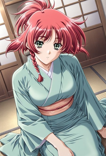 masterpiece, best quality, newest, highres, uncensored, 1girl, yokota mamoru style,motion lines,1girl,Ogata Shizuka Again Version,Red Hair, Ponytail, Waist Length Hair,Green eyes，hair bun, single hair bun, braid, french braid,japanese clothes, kimono, sash, obi, green kimono,indoors, sitting, seiza,looking at viewer, cowboy shot, solo, dutch angle,