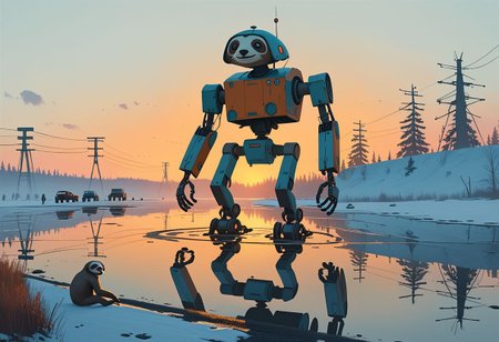 Cinematic, shot.
Dynamic view of an ancient goofy 12m tall disturbing (smiling) Sloth-shaped robot (and a man in front of it) in Simon Stalenhag's style from a futuristic era, at dusk hour with very long and realistic projected shadows, detailed frame, painting looks to be life like, on the ground, magical multicolored ink, high quality, imagination, fantasy art, vivid magical colors.
The shot takes place near an highway.
The robot is trying to cross an iced lake walking on four legs.
Many details everywhere. Ray-Tracing. Anti-Aliasing. Realistic reflections. Realistic soft shadows.
Slightly desaturated colors. 
Insane quality. Insane resolution. Insane details. Masterpiece.
16k resolution
By Simon Stalenhag.