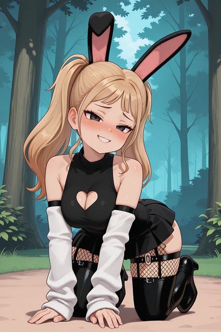 masterpiece,best quality,amazing quality, BREAK, tuconejitakiller666OCILXL, black eyes, blonde hair, twintails, long hair, pixie cut, sidelocks, black rabbit ears, wide hips, large breasts, heart cutout, clothes cutout, black dress, detached sleeves, white sleeves, black skirt, miniskirt, pleated skirt, black fishnet, garter belts, thigh strap, black thigh boots, high heels, solo, full body, all fours, seductive smile, looking at viewer, naughty face, nose blush, forest, tree  <lora:tuconejitakiller666OCILXL:1>