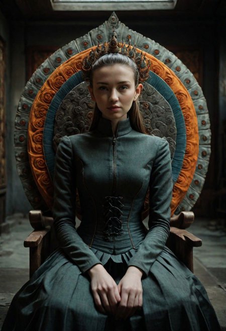 Portrait professional color grading, portrait_futurism, full shot cinematic film still by David Lynch of a pretty cute young irish short woman android sitting on a design chair in a dark brutalist living-room, buddhistic gesture, slim waist, round hips, split skirt, corset, hat, Avant-garde Fashion page, intricately detailed, depth of field, dim light, rim light, dramatic backlighting, Buddhist Thangka