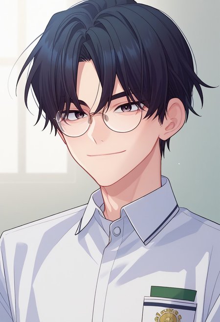 score_9, score_7_up, source_anime
joomirye, 1boy, male focus, solo, black eyes, glasses, black hair, short hair, school uniform, shirt, collared shirt, short sleeves, white shirt,portrait, light smile
outdoor,