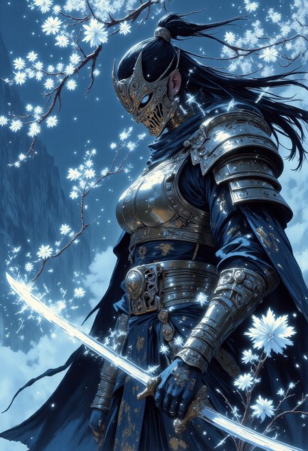 masterpiece, best quality, stunning detail, highly aesthetic, absurdres, In the heart of an ancient mountain temple, high above the clouds, stands a lone warrior, a vision of both power and elegance. Clad in intricately detailed snowflake-themed armor, each piece reflects the light like a delicate work of art, from her snowflake-covered breastplate to the ornate shoulder guards. A snowflake mask covers her mouth, adding an air of mystery as she grips a snowflake-shaped sword with unyielding determination. Her eyes glow with a mystical intensity, bright pupils gleaming through the delicate snowflakes that have settled in her long, flowing black hair. The air around her is alive with the gentle flutter of falling cherry blossoms and the soft drift of snowflakes, adding to the ethereal beauty of the scene. Her face, small and delicate, is framed by strands of hair that seem to float in the wind, light filtering through them as they dance around her. With an intense gaze and a serious expression, she stands at the center of this secluded, breathtaking landscape, surrounded by misty mountains and winding stone paths. The serene atmosphere of the ancient temple, perched among the clouds, amplifies the warrior’s quiet strength. The scene is one of perfect balance—where fierce resolve meets tranquil beauty, embodying both the elegance and power of this young woman in the prime of her strength. ne0nfant4sy, mythp0rt.
