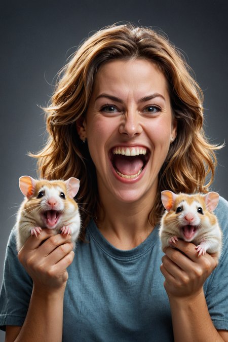 by  Thierry Cohen  and  Paul Lehr ,  cute happy woman holding up two cute hamsters while laughing maniacally, dual wielding hamsters <lora:happy:0.25><lora:maniacal_laughter:1.75><lora:dual_pistols:0.35> , digital oil pastel on canvas<lora:oil_pastel:1.00> of a cinematic photo <lora:juggernaut_cinematic:1.00>  <lora:more_art:0.30> <lora:midjourney:-0.15> <lora:RMSDXL_Enhance:0.50> <lora:RMSDXL_Creative:0.50> <lora:RMSDXL_Photo:0.50> <lora:RMSDXL_Darkness_Cinema:0.50> <lora:clothing_slider:2.00> <lora:great_lighting:1.50> <lora:aesthetic:1.50> <lora:photorealistic_portrait:1.50> <lora:extremely_detailed:1.50> <lora:dpo:0.25>