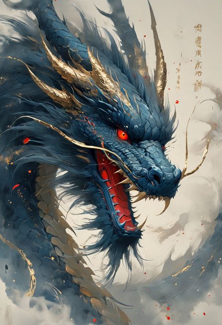 minimalism style, WLOP art style, a character worrior , facial muscles,  eye light, dragon behind, cinematic foootage,  fantasy, intricate details,8k post production,dark blue red white green  gold tone