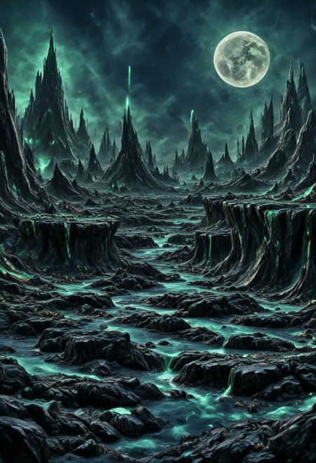 A beautiful landscape at night on an alien world, dramatic lighting, large moon in the sky, jade rocks, waterfalls, deep crevices, uhd, ultra-detailed, photography, f/8 photo, monoprone, nmskyrim