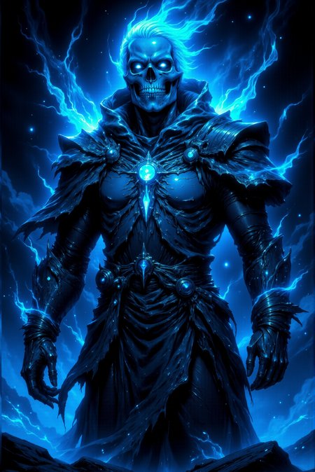 A spectral and eerie figure dominates the image, shrouded in an ethereal aura of icy blues and luminous light. This skeletal sorcerer exudes an otherworldly presence, its form wrapped in tattered robes that ripple and dissolve into mist as though consumed by an eternal frost. The armor beneath the decayed fabric glimmers with a metallic sheen, its surface adorned with intricate patterns of arcane design. The centerpiece is a glowing amulet embedded in the chest, radiating a cold, bluish energy that pulses outward, casting shifting light across the surrounding haze. The skull of the figure is crowned with a jagged, ceremonial headpiece that appears ancient, its sharp edges illuminated by a spectral glow. The empty eye sockets blaze with an intense, piercing light, as if harboring the icy flames of undeath. Strands of energy coil around its bony hands, hinting at the destructive magic it commands. Each bone is finely detailed, with cracks and engravings suggesting the weight of time and dark enchantments. The background is a swirling abyss of frosty winds and glowing particles, rendered in deep, celestial blues that evoke a void-like expanse. Wisps of light and frozen mist flow around the figure, amplifying its ghostly presence. The texture of the image is richly layered, blending sharp, defined edges on the armor and skull with painterly strokes in the robes and mist, giving it a surreal, dreamlike quality. The glowing effects, reminiscent of magical frost and shimmering stars, elevate the figure to one of spectral majesty and dread.
<lora:FLUX_Bioluminescent_Concept:1.0> bo-bioluminescent.  <lora:Midjourney_-_SemiReal_Dreams_FLUX_LoRA:0.6>  <lora:Dark_Gothic_Comic_style_v.2:0.95> DGC style.