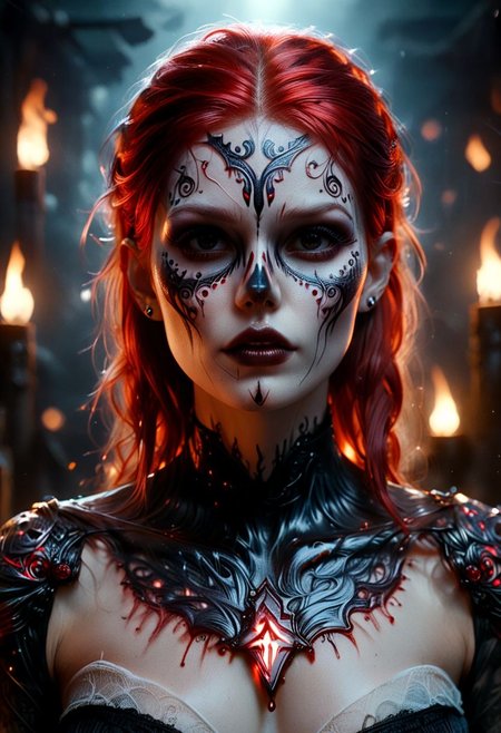 , ral-blacklight, cinematic film still 1 girl, busty, solo,(pale skin:1.3),face tattoos,tattoos, dvr-trd, red haired Viking goddess, viking body tattoos, demonic runic symbols, amazing cleavage, dusty Scandinavian background,fog,detailed skin,day of the dead,Ultra-HD-details,true to life,approaching perfection,dynamic,highly detailed,smooth,sharp focus,art by Carne Griffiths and Wadim Kashin,trending on artstation,sharp focus,intricate details,highly detailed,by greg rutkowski,mysterious,ral-blacklight,epic,cinematic,create a photo realistic image that the viewer has never envisioned before,the image should demonstrate extreme creativity,imaginative,bold,inspiring,original in subject,original in style,amazing composition,intricately detailed,absurdly complex, . shallow depth of field, vignette, highly detailed, high budget, bokeh, cinemascope, moody, epic, gorgeous, film grain, grainy,fog,detailed skin,day of the dead,Ultra-HD-details,true to life,approaching perfection,dynamic,highly detailed,smooth,sharp focus,