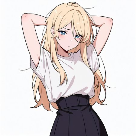 <lora:style_nyanmix_styleXLIllustrious001>,
masterpiece,best quality,good quality,newest,
simple background,
looking at viewer,
nyanmix_style,1girl,blonde hair,long hair,
white shirt,high-waist_skirt,