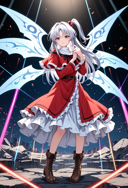 score_9_up, score_8_up, score_7_up, BREAK source_anime, (masterpiece), (best quality), 1girl, shinki (touhou), white wings, hair bobbles, hair ornament, white hair, one side up, long hair, dress, brown boots, multiple wings, red capelet, long sleeves, looking at viewer, no emotions, full body, (ultra detailed), shine, multiple color danmaku, laser from wings, colorful lights, (from front:0.6),  <lora:Shinki_touhou(PC-98)-V1:1>