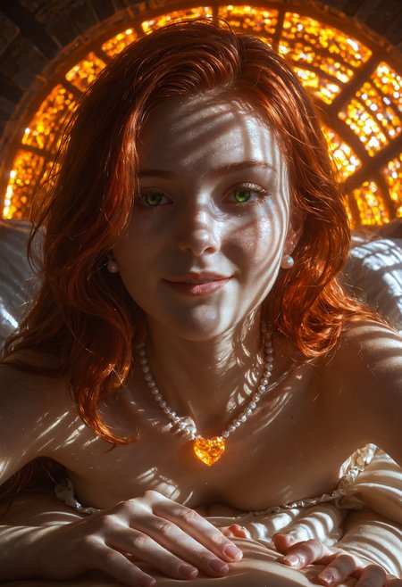 score_9, score_8_up, score_7_up, Expressiveh, EYESHD, from side, Close-up, lying, 1girl, young woman, redhead, graduated bob, angel face, smirk, green eyes, neck ruff, textured skin, white tulle prairie dress, refraction of light, orange glowing spirals on background, black textured background, ombre, Expressiveh, EYESHD, from side, Close-up, lying, 1girl, young woman, redhead, graduated bob, angel face, smirk, green eyes, neck ruff, textured skin, white tulle prairie dress, refraction of light, orange glowing spirals on background, black textured background, ombre, cinematic