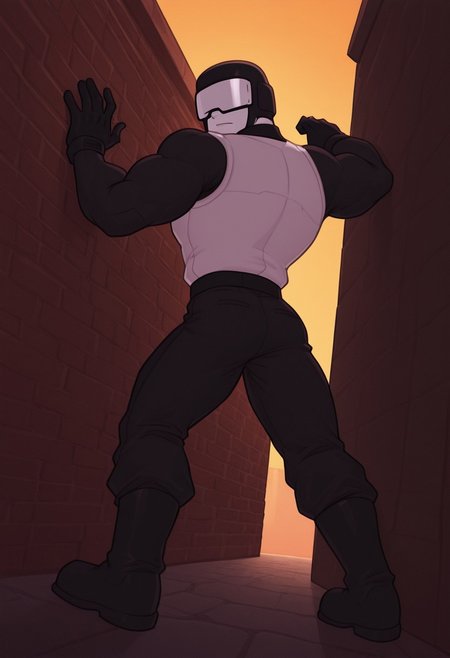 score_9, score_8_up, score_7_up, absurdres, intricate details, masterpiece, best quality, screencap, high quality cg, 1boy, male focus, muscular, broad shoulders, bara, TankmanFNF, 1boy, monochromatic, black helmet, black uniform, black gloves, black pants black boots, white skin, white goggles, white vest, outdoors, war grounds, orange sky, dynamic lighting, dynamic pose, behind wall, laying against wall, white brick wall