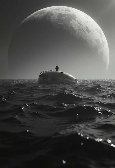 hyperdetailed ,Amidst an endless expanse of dark, churning water, a small, solitary lifepod floats,, A small astronaut standing on lifepod,  dwarfed by the vastness of its surroundings. The lifepod’s reflective silver surface glimmers faintly in the dim light, emphasizing its delicate, fragile presence in the face of this boundless ocean. A hazy, colossal planet looms far above in the sky, its massive shadow casting an eerie twilight over the scene. No land or other object breaks the monotony of water, enhancing the profound sense of isolation. The distant horizon blurs into the dark sky, conveying the overwhelming magnitude of the open water, evoking deep megalophobia as the pod drifts, small and insignificant in the face of this endless aquatic expanse., black and white
