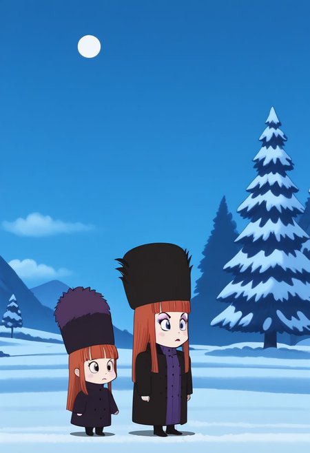 1girl, long hair, red hair, blunt bangs, coat, hat, chibi, solo. small body, outdoors, snow,aunt lydia