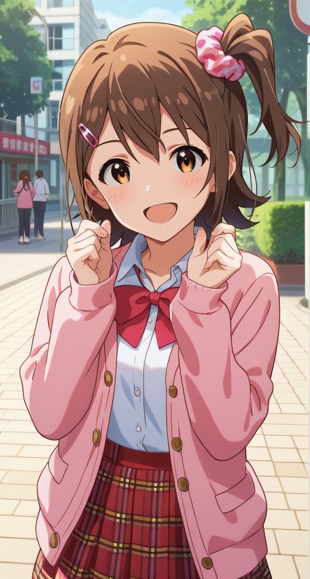 score_9, score_8_up, score_7_up, source_anime, rating_safe, intricate details, anime screencap, official style, anime coloring, 1girl, solo, <lora:Kasuga_Mirai:1>, kasugamirai, brown eyes, brown hair, pink srunchie, pink hairpin, school uniform, closed clothes, white collared shirt, red_neck_ribbon, pink cardigan, red plaid skirt, looking at viewer, smile, outdoor, open mouth, cowboy shot, five fingers, hands up