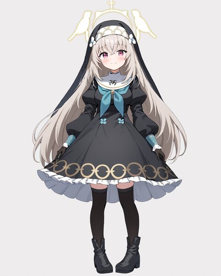 sakurako \(blue archive\),1girl, solo, nun, halo, white_background, black_thighhighs, looking_at_viewer, long_sleeves, simple_background, full_body, habit, puffy_sleeves, boots, blush, breasts, black_dress, hand_on_own_chest, blue_neckerchief, frilled_dress, black_footwear, flower, closed_mouth, smile, veil, zettai_ryouiki, standing, black_gloves
<lora:sakurako_(blue_archive)_image854_2023-11-28-000015:1>halo. gorgeous,key visual, vibrant, studio anime,award-winning, professional, highly detailed,high budget, cinemascope