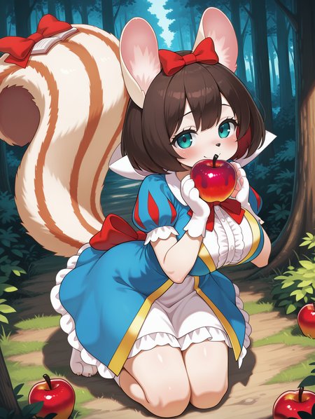fairy tail - snow,1girl,apple,solo,squirrel girl,smile,red bow,full body,blush,blue frilled dress,holding apple,looking at viewer,large breasts,tail ornament,white paw gloves,white paw socks,animal nose,body fur,forest,
masterpiece,best quality,amazing quality,very aesthetic,absurdres,newest,<lora:Fairy Tail snow illuXL v1.1:0.7>,